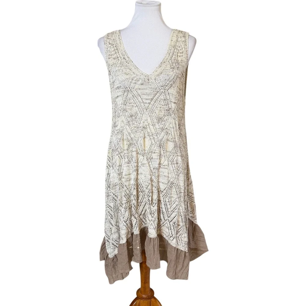 Ryu Crochet Knit Dress Fairy 1XL Cream Boho Ruffle Handkerchief‎ Hem P-RTA5102